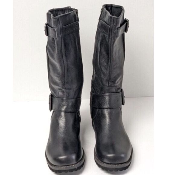 Gentle Souls BUCKLE UP Black Leather Buckle Side Zip Up Calf High Moto Boots - Picture 7 of 16